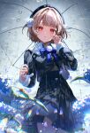  1girl absurdres black_hat blonde_hair blue_ribbon blush commentary_request cowboy_shot dot_nose hair_intakes hair_ornament hand_up hat highres holding holding_umbrella indie_virtual_youtuber long_sleeves looking_at_viewer neck_ribbon nero_hanken parted_lips pinstripe_jacket pinstripe_pattern pinstripe_skirt pleated_skirt pom_pom_(clothes) pom_pom_hair_ornament rain red_eyes ribbon sailor_collar shigure_ui_(1st_costume)_(vtuber) shigure_ui_(vtuber) short_hair short_twintails skirt solo standing transparent transparent_umbrella twintails twitter_username umbrella virtual_youtuber water watermark white_sailor_collar 