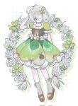  1girl blush bug closed_mouth clover clover_hair_ornament commentary_request dot_nose dress frilled_dress frills full_body green_dress green_eyes grey_hair hair_ornament hair_over_one_eye hair_ribbon hand_on_own_head highres ladybug looking_at_viewer m0m0_0414 mary_janes original puffy_short_sleeves puffy_sleeves red_ribbon red_shoes ribbon shoes short_hair short_sleeves simple_background socks solo standing white_background white_socks 