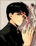  1boy black_hair black_jacket brown_eyes closed_mouth commentary_request expressionless gakuran grey_background izumi_shin'ichi jacket kiseijuu light_frown long_sleeves looking_at_viewer male_focus migi_(kiseijuu) school_uniform shadow shundei_(enig) solo upper_body 