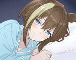  1girl animal_ears blue_eyes blue_pajamas blue_shirt blush brown_hair cheval_grand_(umamusume) closed_mouth commentary_request hair_between_eyes head_on_pillow horse_ears horse_girl long_sleeves looking_at_viewer lying multicolored_hair nanasedayoxd on_bed on_side pajamas pillow pov_across_bed shirt short_hair short_hair_with_long_locks sidelocks smile solo split_mouth streaked_hair umamusume upper_body white_streaks 