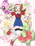  1girl :d ;d alternate_color blue_overalls brown_eyes brown_hair celebi commentary_request happy hat highres knees_together_feet_apart lyra_(pokemon) meganium one_eye_closed open_mouth overalls petals pokemon pokemon_(creature) pokemon_heartgold_and_soulsilver red_shirt red_shoes shiny_pokemon shirt shoes smile teeth thighhighs twintails undershirt upper_teeth_only white_hat white_thighhighs ya_mari_mo_3 