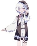  1girl belt beret black_choker black_coat black_hat blush_stickers choker closed_mouth coat collared_coat flower flower-trimmed_shorts flower-trimmed_sleeves foopy gradient_hair hair_flower hair_ornament hat hat_flower hat_ribbon highres long_sleeves looking_at_viewer mahou_shoujo_no_majo_saiban multicolored_hair neck_ribbon o-ring o-ring_thigh_strap pink_eyes pink_hair pointing pointing_down puffy_sleeves ribbon sakuraba_ema shirt short_hair simple_background sleeveless sleeveless_coat smile solo thigh_strap white_background white_hair white_ribbon white_shirt white_sleeves x_hair_ornament 