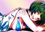  1girl absurdres breasts brown_eyes choker commentary_request gradient_background highres lab_coat looking_at_viewer lying medium_breasts oeilvert_fft on_stomach persona persona_5 sideboob smile solo studded_choker takemi_tae topless_female watermark 