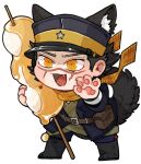  1boy animal_ears animal_hands belt black_boots black_hair blue_jacket blue_pants boots brown_belt commentary_request dango dog_ears dog_tail fang food full_body golden_kamuy green_kimono hand_up hat jacket japanese_clothes kepi kimono looking_at_viewer ma9l4raa male_focus military_hat military_uniform open_mouth pants peaked_cap pouch scar scar_on_face scarf short_hair simple_background solo standing star_(symbol) sugimoto_saichi tail wagashi waving white_background yellow_eyes yellow_scarf 