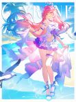  1girl :d absurdres bare_legs bikini bird blue_hair blue_sky border breasts character_name chinese_commentary choker cleavage commentary_request cyrene_(demiurge)_(honkai:_star_rail) cyrene_(honkai:_star_rail) dafu_zhentan diamond-shaped_pupils diamond_(shape) dress_flower floating_hair flower flower_choker frilled_thigh_strap gradient_hair hair_flower hair_intakes hair_ornament highres honkai:_star_rail honkai_(series) large_breasts long_hair midriff multicolored_hair navel pink_flower pink_hair pink_rose pointy_ears purple_eyes purple_flower purple_rose rose sandals seagull skirt sky smile solo swimsuit symbol-shaped_pupils thigh_strap very_long_hair white_bikini white_border white_skirt 
