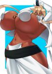  1girl absurdres arrancar bleach blonde_hair breast_tattoo breasts commentary dark-skinned_female dark_skin gigantic_breasts green_eyes highres long_hair navel number_tattoo solo stomach strongmoist tattoo thighs tier_harribel underboob weapon wide_hips 