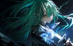  1girl arknights bandaged_chest chest_sarashi commentary feitong27 green_hair grey_sky hair_between_eyes high_ponytail highres holding holding_sword holding_weapon horns hoshiguma_(arknights) hoshiguma_the_breacher_(arknights) jacket leather_coat long_hair looking_at_viewer oni ponytail rain sarashi scar scar_on_cheek scar_on_face shiny_eyes single_horn skin-covered_horns sky solo sword upper_body very_long_hair weapon wet wet_hair yellow_eyes 