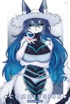  1girl absurdres animal_ear_fluff animal_ears arm_under_breasts blue_eyes blue_hair blue_panties breasts commentary commission cowboy_shot english_commentary furry furry_female hair_between_eyes hand_up hat heart highres large_breasts long_hair looking_at_viewer mo_(k40633) multicolored_hair original panties parted_lips smile snout solo streaked_hair tail thighs underwear white_hat 