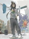  1girl absurdres black_hair black_pants blue_hoodie bo_(bouillustration) chain-link_fence colored_skin commentary_request cube_hair_ornament fence gem grey_eyes hair_ornament hands_in_pockets headphones headphones_around_neck highres hood hoodie lida_(pokemon) long_hair mega_pokemon mega_starmie outdoors pants pokemon pokemon_(creature) pokemon_legends:_z-a purple_skin red_gem shirt shoes short_sleeves sky starfish starmie stereo topknot unworn_hoodie white_shirt white_shoes 