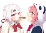  2girls animal_hood artist_name blush bow bowtie closed_mouth festa11307070 hair_ornament hair_ribbon hairclip hood long_hair looking_at_another mole mole_under_eye mouth_hold multiple_girls nijisanji panda_hood pink_hair pocky_day red_bow red_bowtie red_eyes red_ribbon ribbon sasaki_saku school_uniform shiina_yuika short_hair simple_background smile upper_body virtual_youtuber white_background white_hair yuri 