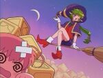  2girls @_@ blue_bow blue_bowtie boots bow bowtie brooch broom broom_riding collared_shirt commentary crescent_moon crossed_bandaids cube cube_hair_ornament defeat facial_mark film_grain gloves green_hair gryll_(kirby) hair_ornament hand_up hat highres jewelry kanafumi_(spindle) kirby kirby's_star_stacker kirby_(series) long_hair looking_at_another moon multiple_girls night one_eye_closed open_mouth outdoors peanut_mouth personification pink_hair pointy_ears pointy_shoes ponytail purple_hat purple_shirt purple_shorts red_boots red_vest shirt short_hair short_shorts shorts sidesaddle smile star_(sky) star_(symbol) star_block untranslatable_commentary vest white_gloves witch_hat 