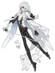  1boy a-pose absurdres androgynous animal animal_request asymmetrical_sleeves barcode black_boots black_bow black_gloves black_jacket black_pants black_streaks blue_eyes boots bow braid cape center_opening full_body gloves hair_bow hair_over_one_eye head_tilt highres holding holding_sword holding_weapon hu_nhey jacket jewelry long_hair long_sleeves mismatched_sleeves multicolored_hair multicolored_jacket original pants pants_tucked_in parted_lips pendant pointy_ears rapier simple_background single_braid sleeve_cuffs solo streaked_hair sword thank_you thigh_strap two-tone_jacket weapon white_background white_cape white_jacket 