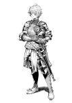  1girl ahoge armor artist_name boots breastplate chainmail closed_mouth commentary_request commission elbow_pads english_commentary full_body greyscale helmet highres holding holding_unworn_helmet knee_pads korean_commentary leather leather_boots looking_at_viewer mixed-language_commentary monochrome original pauldrons pirata_(gailtonatiu) plate_armor scabbard sheath sheathed short_hair shoulder_armor simple_background smile solo standing sword unicorn unworn_headwear unworn_helmet weapon white_background 