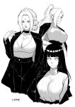  3girls absurdres artist_name black_coat breasts cleavage coat commentary english_commentary facial_mark helloodaf highres huge_breasts hyuuga_hinata large_breasts long_hair mature_female monochrome multiple_girls naruto_(series) ponytail signature tsunade_(naruto) twitter_username yamanaka_ino 