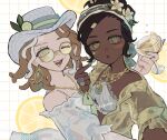  2girls 6demo :3 artist_name bare_shoulders bikini bikini_top_only black_hair blue_shorts blush_stickers bracelet breasts brown_hair colored_eyebrows commentary cup dark-skinned_female dark_skin demi_bourbon demi_bourbon_(sea_salt_mocktail) drinking_glass earrings facial_mark finger_heart flower flower-shaped_pupils food freckles fruit gem glasses green_gem green_nails grid_background hair_flower hair_ornament hairband hairclip hand_up hat highres holding holding_cup hoop_earrings identity_v jewelry lemon lime_(fruit) lips looking_at_viewer medium_hair mismatched_eyebrows mole_beside_mouth multicolored_hair multicolored_hairband multiple_girls necklace off-shoulder_shirt off_shoulder one_eye_closed open_mouth parted_bangs parted_lips patricia_dorval patricia_dorval_(tropical_holiday) ring round_eyewear see-through_clothes see-through_shirt selfie shirt shorts small_breasts star-shaped_pupils star_(symbol) star_facial_mark star_necklace strap streaked_hair swimsuit swimsuit_cover-up symbol-shaped_pupils teeth upper_body vitiligo white_background white_bikini white_hat white_shirt white_streaks wine_glass yellow-framed_eyewear yellow_eyes 