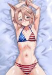  1girl american_flag american_flag_bikini american_flag_print animal_ears armpits arms_up bikini blue_eyes blush brown_hair commentary_request flag_print flag_print_bikini flat_chest heart heart-shaped_pupils highres horse_ears looking_at_viewer lying narita_taishin_(umamusume) narrow_waist petite print_bikini shikibara_fukka solo sweat swimsuit symbol-shaped_pupils umamusume 