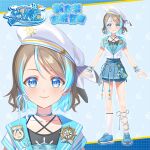  1girl blue_eyes blue_hair blush brown_hair character_name choker collarbone commentary_request crop_top english_text grey_hair hair_ornament hat highres logo love_live! love_live!_sunshine!! midriff midriff_peek multicolored_hair official_art ribbon sailor sailor_collar sailor_hat see-through_clothes shoes short_hair shorts simple_background single_sock skirt smile sneakers socks striped_clothes watanabe_you wavy_hair 