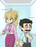  1boy 1girl adjusting_clothes adjusting_necktie arm_hair bbik_gam3 black_pants blonde_hair blue_eyes blush brown_hair collarbone commentary_request crown earrings facial_hair id_card jewelry korean_commentary lipstick lipstick_mark looking_at_watch makeup mario mario_(series) mustache necktie pants pantyhose pink_lips pink_nails pink_shirt pink_skirt ponytail princess_peach red_necktie shirt skirt sleeves_rolled_up sphere_earrings sweatdrop watch white_shirt wristwatch 