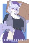  1girl animal_ear_fluff animal_ears belt black_belt black_shirt blush box breasts commentary commission english_commentary furry furry_female hat highres holding holding_box huge_breasts looking_at_viewer mo_(k40633) original pants parted_lips purple_eyes purple_fur purple_hat purple_pants shirt shirt_tucked_in short_hair short_sleeves smile snout solo sweat tail towel 
