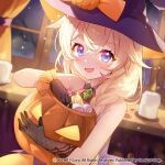  1girl :d apple_caramel asymmetrical_gloves bare_tree blonde_hair blue_eyes blush bow braid brown_bow brown_gloves candle character_request commentary_request fire flower_in_eye food gloves hair_between_eyes hair_over_shoulder halloween_bucket hat highres holding indoors long_hair looking_at_viewer low_twintails macaron mismatched_gloves night official_art orange_skirt purple_hat purple_shirt shirt skirt sleeveless sleeveless_shirt smile solo starseed:_asnia_trigger symbol_in_eye tree twin_braids twintails window witch_hat 