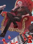  belt black_belt black_jacket black_pants black_shirt black_shoes board_game chair chess chess_piece chessboard chinese_commentary collared_shirt colored_shoe_soles commentary_request full_body jacket jacket_on_shoulders king_(chess) knight_(chess) long_sleeves love_and_deepspace on_chair pants pawn_(chess) red_eyes shirt shoes short_hair sleeves_rolled_up sylus_(love_and_deepspace) sylus_(relentless_conqueror)_(love_and_deepspace) watermark weibo_username weibo_watermark white_hair zhishuo418 