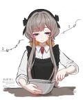  1girl alternate_costume apron black_apron blue_eyes blush bowl brown_hair closed_mouth collared_shirt commentary eighth_note frilled_apron frills gem genshin_impact highres holding holding_whisk light_smile musical_note red_gem sandrone_(genshin_impact) shirt short_hair_with_long_locks simple_background sleeves_rolled_up solo touma_(owo_tooooma) twitter_username upper_body watermark whisk white_background white_shirt 