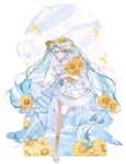  1girl aqua_eyes aqua_hair aqua_nails bare_shoulders boots bow commentary_request day dress eighth_note field fingerless_gloves flower flower_field full_body gloves hair_between_eyes hair_ornament hand_up hat hat_bow hat_flower hatsune_miku headset high_heel_boots high_heels highres lace-up_boots lake lens_flare long_hair looking_at_viewer magical_mirai_(vocaloid) magical_mirai_miku magical_mirai_miku_(2026) miku_day musical_note musical_note_hair_ornament nagihaha open-toe_boots open_mouth orange_flower outdoors ripples smile solo standing standing_on_one_leg straw_hat sun sunflower twintails very_long_hair vocaloid water_butterfly water_drop white_boots white_bow white_dress white_gloves yellow_flower 