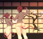  2girls absurdres animal_ears animal_hands ass cat_ears cat_girl cat_paws cat_tail cherry_blossoms collar completely_nude cropped_legs fire_emblem fire_emblem_fates from_behind height_difference highres hinoka_(fire_emblem) looking_back multiple_girls nude red_eyes red_hair sakura_(fire_emblem) seios short_hair shouji siblings sisters sliding_doors tail thick_thighs thighs 
