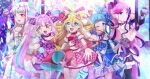  5girls ahoge aokaze_nana artclub-luv bare_shoulders blonde_hair blue_bow blue_dress blue_eyes blue_hair blush bow bracelet braid breasts bridal_gauntlets choker closed_mouth commentary_request cure_idol cure_kiss cure_kyunkyun cure_wink cure_zukyuun detached_sleeves double-parted_bangs dress earrings elbow_gloves eyelashes frilled_dress frilled_sleeves frills gloves gradient_hair hair_between_eyes hair_bow hair_ornament hair_ribbon hairband happy headset heart heart-shaped_lock heart_hair_ornament highres jewelry kimi_to_idol_precure long_hair looking_at_viewer magical_girl medium_breasts meroron_(precure) midriff multicolored_hair multiple_earrings multiple_girls multiple_hair_bows musical_note musical_note_hair_ornament navel one_eye_closed one_side_up open_mouth orange_eyes overskirt parted_bangs pearl_earrings pink_dress pink_eyes pink_hair pink_streaks plaid_bow plaid_clothes plaid_skirt ponytail precure purirun_(precure) purple_bridal_gauntlets purple_choker purple_eyes purple_hair purple_overskirt purple_skirt purple_streaks ribbon sakura_uta_(precure) shigure_kokoro short_sleeves sidelocks single_bare_shoulder skirt skirt_bow sleeveless sleeveless_dress smile strapless strapless_dress streaked_hair symbol-shaped_pupils tanaka_meron tanaka_purin twin_braids twintails two-tone_hair very_long_hair wavy_hair white_dress white_hairband white_sleeves yellow_eyes 