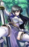  1girl absurdres angry armor ayra_(fire_emblem) black_hair breasts commission commissioner_upload fire_emblem fire_emblem:_genealogy_of_the_holy_war fire_emblem_heroes foreshortening forest glaring highres holding holding_sword holding_weapon long_hair looking_at_viewer nature rock scowl spread_legs sword teeth thighhighs thighs tomorrowsjoker v-shaped_eyebrows weapon 