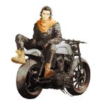  1boy black_gloves black_hair black_jacket black_pants boots brown_boots commentary cotttton english_commentary gloves golden_kamuy hair_slicked_back helmet highres holding holding_unworn_helmet jacket looking_to_the_side male_focus motor_vehicle motorcycle pants scar scar_on_cheek scar_on_face scarf short_hair simple_background sitting smile solo sugimoto_saichi timberland unworn_headwear unworn_helmet white_background yellow_eyes yellow_scarf 