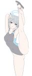  1girl animal_ear_fluff animal_ears armpits arms_up black_one-piece_swimsuit blue_archive blue_eyes blue_halo blue_one-piece_swimsuit breasts commentary competition_swimsuit covered_navel cross cross_hair_ornament earrings english_commentary extra_ears flat_color grey_hair hair_ornament halo highleg highleg_one-piece_swimsuit highres holding_own_leg inverted_cross jewelry kneepits leg_up light_blush looking_at_viewer medium_breasts mismatched_pupils multicolored_swimsuit official_alternate_costume one-piece_swimsuit sandals shiroko_(blue_archive) shiroko_(swimsuit)_(blue_archive) short_hair simple_background solo split standing standing_on_one_leg standing_split stud_earrings swimsuit t1kosewad two-tone_swimsuit white_background wolf_ears 