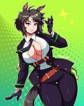  1girl absurdres ahoge animal_ears belt black_gloves black_hair black_jacket black_necktie black_pants blue_eyes blustreaks breasts brown_belt center_frills center_opening collared_shirt commentary ear_ornament english_commentary frilled_shirt frills fuji_kiseki_(shooting_star_revue)_(umamusume) fuji_kiseki_(umamusume) gloves highres horse_ears horse_girl horse_tail jacket large_breasts long_sleeves looking_at_viewer multicolored_hair necktie no_bra pants shirt short_hair smile solo tail umamusume white_shirt 