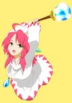  arms_up female final_fantasy green_eyes highres hood jewelry long_hair open_mouth pendant pink_hair plugman_(artist) robe shirma simple_background solo staff white_mage 