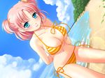  :d amamoto_fuuka arms_behind_back bangs beach bikini blue_eyes blush bottle breasts cleavage cloud cowboy_shot day drink game_cg ginta groin hair_bobbles hair_ornament holding holding_arm leaning_forward lens_flare looking_at_viewer medium_breasts navel ocean open_mouth orange_bikini outdoors parted_bangs pink_hair scrunchie short_hair side-tie_bikini sideboob sky smile solo standing string_bikini striped striped_bikini sugar+spice! sugar+spice_2 swimsuit two_side_up underboob water 