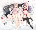 4girls absurdres arm_up babydoll bandage bandaged_arm bandages bangs bare_legs bare_shoulders barefoot bed_sheet black_babydoll black_hair black_legwear black_panties blunt_bangs blush bottle bow bow_bra bow_panties bra breasts brown_hair chains cleavage clipboard collarbone commentary_request crossover eyebrows_visible_through_hair frilled_panties frills garter_belt gluteal_fold groin hair_bobbles hair_ornament hand_up hands_up hat hell&#039;s_channel highres knee_up long_hair lying medium_breasts minai_karte multiple_crossover multiple_girls nail_polish natori_sana navel no_shoes on_back on_side open_mouth panties parted_lips pill pink_nails pink_panties red_bra red_eyes red_hat red_panties rokudou_mei sana_channel small_breasts stethoscope surgical_mask syringe takajin-chan takajin-channel temari_rin thighhighs toenail_polish toenails twintails underwear underwear_only very_long_hair virtual_clinic virtual_youtuber white_bra white_panties 