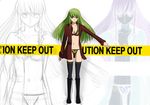  bikini black_legwear black_thighhighs c.c. caution_tape cc code_geass dress_shirt female full_body green_hair highres leopard_print long_hair midriff open_clothes open_shirt partially_colored q2ed shirt solo swimsuit thighhighs white_background yellow_eyes 