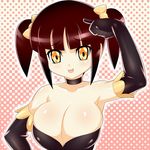  breasts brown_hair cleavage gloves huge_breasts large_breasts open_mouth p.house potato_house ribbon short_hair yellow_eyes 