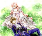  1boy 1girl brown_hair choker code_geass couple double_bun double_buns dress euphemia_li_britannia eyes_closed female gloves hair_bun jacket kururugi_suzaku long_hair lying male pants pesu pink_hair short_hair 