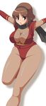  blush breasts brown_eyes brown_hair center_opening cleavage curvy elbow_gloves fishnet_top fishnets gloves hairband hips kihaiu large_breasts leotard ninja open_mouth pantyhose scarf short_hair wide_hips 