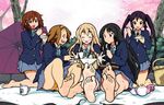  5girls akiyama_mio bandaid barefoot black_eyes black_hair blonde_hair brown_eyes brown_hair cake cup eyes_closed feet food food_on_face fork hirasawa_yui k-on! kotobuki_tsumugi long_hair mug multiple_girls nakano_azusa panties pantyshot pantyshot_(sitting) pantyshot_sitting picnic sandwich school_uniform short_hair sitting soles tainaka_ritsu tea_set umbrella underwear 