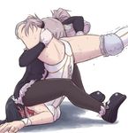  character_request duplicate frees grey_hair knee_pads leotard multiple_girls open_mouth pain pantyhose papa shoes sitting sitting_on_face sitting_on_person submission_hold sweat wrestling 