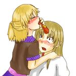  blonde_hair blush horn horn_licking hornjob hoshiguma_yuugi licking long_hair mizuhashi_parsee multiple_girls pointy_ears saliva touhou uningarrow yuri 