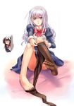  1boy 1girl artist_request black_hair blue_eyes crossdressing dressing feet kisakinomiya_chihaya legwear long_hair nanahara_kaoruko otome_wa_boku_ni_koishiteru otome_wa_boku_ni_koishiteru_futari_no_elder pantyhose pantyhose_around_one_leg pd_(seripanda) purple_eyes school_uniform silver_hair soles stockings thighhighs trap white_hair 