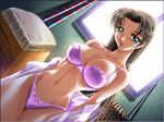  bra breasts curvy dark_skin female green_eyes hips indoors ingoku_no_gakuen large_breasts lingerie long_hair milf panties purple_bra purple_panties smile solo standing tan underwear undressing wide_hips 