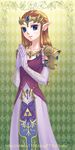  blue_eyes breasts brown_hair cleavage dress earrings elbow_gloves elf elf_ears female gloves jewelry long_hair nintendo pointy_ears princess_zelda shiroa1106 shoulder_pads solo the_legend_of_zelda tiara 