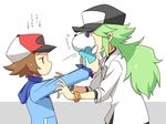  2boys annoyed baseball_cap black_(pokemon) bored bracelet bracelets brown_eyes brown_hair green_hair hat jewelry long_hair mijumaru multiple_boys n_(pokemon) necklace oshawott outstretched_arms pokemon pokemon_(game) pokemon_black_and_white pokemon_bw pushing short_hair touya_(pokemon) translation_request 