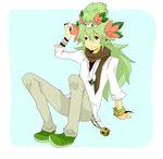  bracelet flower green_hair green_shoes head_perch jewelry male male_focus n_(pokemon) necklace pants pokemon pokemon_(game) pokemon_black_and_white pokemon_bw scarf shaymin shoes sitting void_cube 