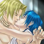  2boys blue_hair cliff_fittir fayt_leingod kiss kissing lowres multiple_boys star_ocean yaoi 