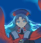  1girl blue_eyes blue_hair cape commentary_request hat jewelry long_hair lowres lucia_(lunar) lunar lunar_2:_eternal_blue necklace pendant smile solo 